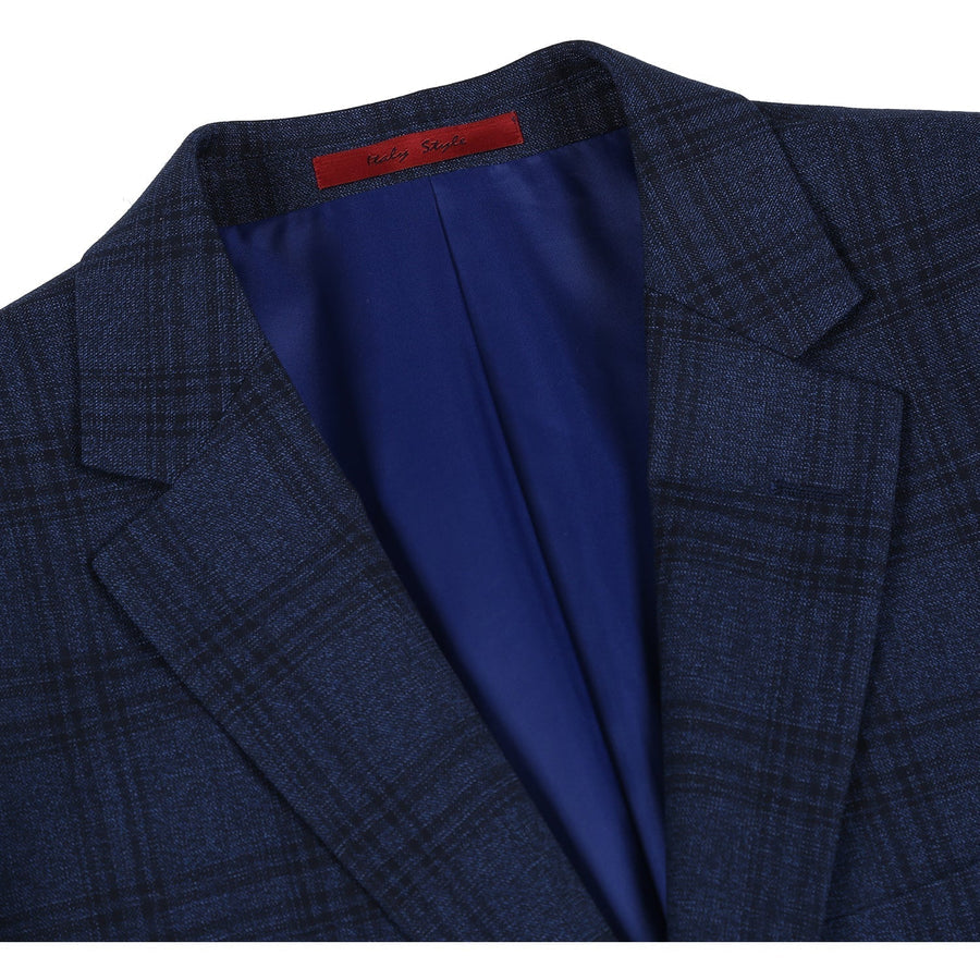 "Men's Slim Fit Two-Button Stretch Suit - Navy Blue Windowpane Plaid"