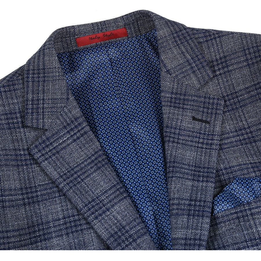 "Men's Slim Fit Two Button Sport Coat Blazer - Charcoal Grey & Blue Windowpane Plaid"