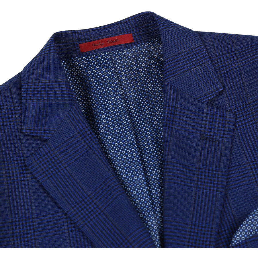 "Classic Fit Two Button Men's Blazer - Dark Navy Blue Windowpane Plaid"