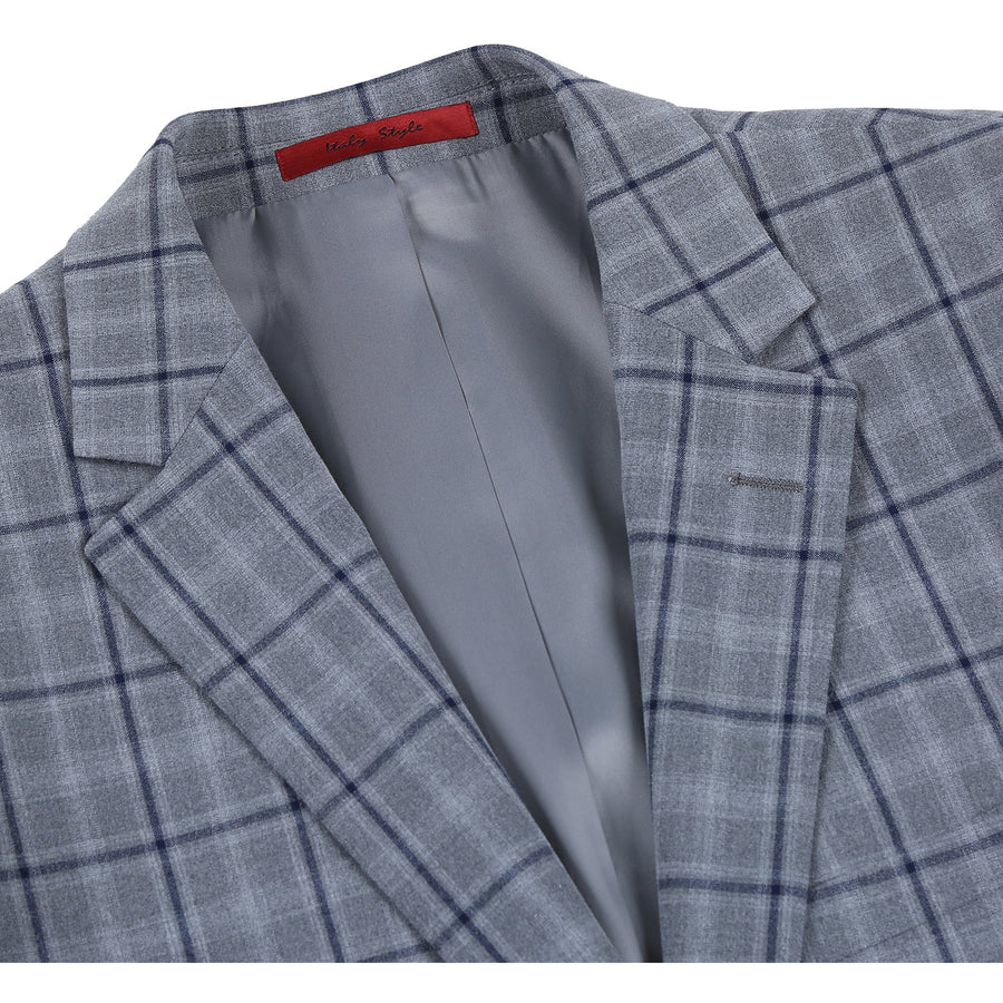 "Grey Windowpane Plaid Slim Fit Two-Button Men's Suit with Hack Pocket" - 62 Regular