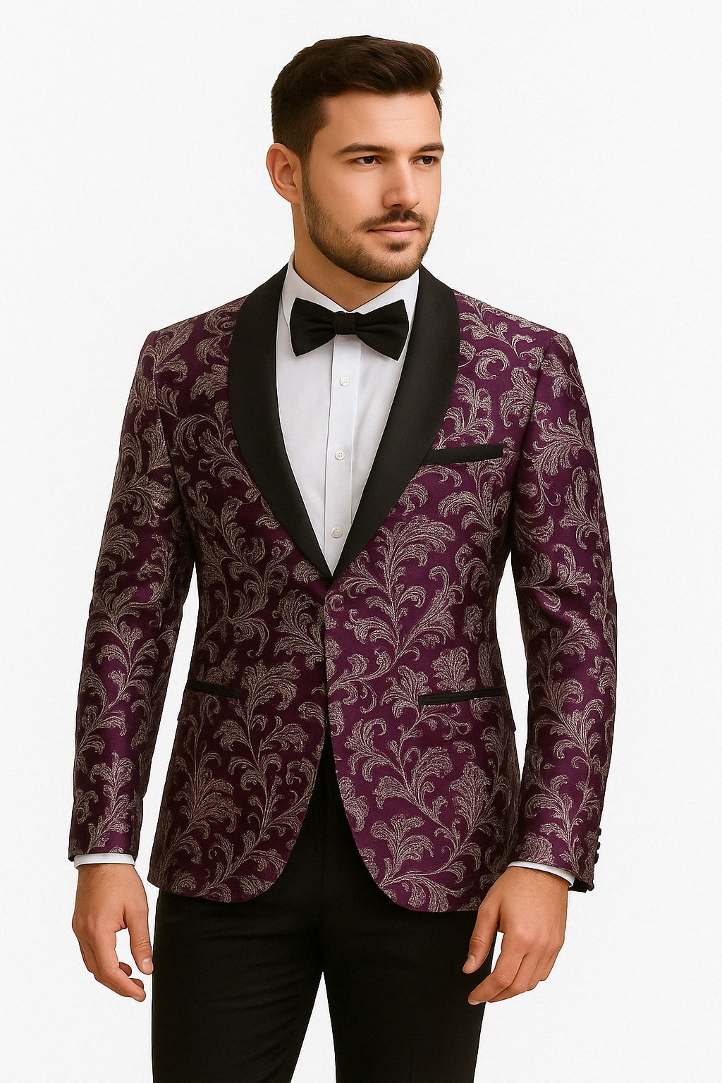 Mens Purple and White Paisley Floral Brocade Tuxedo Jacket - Suit with Satin Lapel Wtih Black Pants - 34 Short or Extra Small