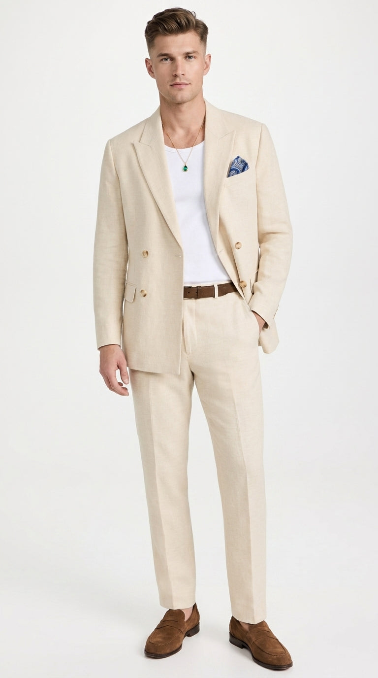 Men’s Light Beige Linen Double-Breasted Suit – Summer Wedding, Beach and Formal 2-Piece Suit