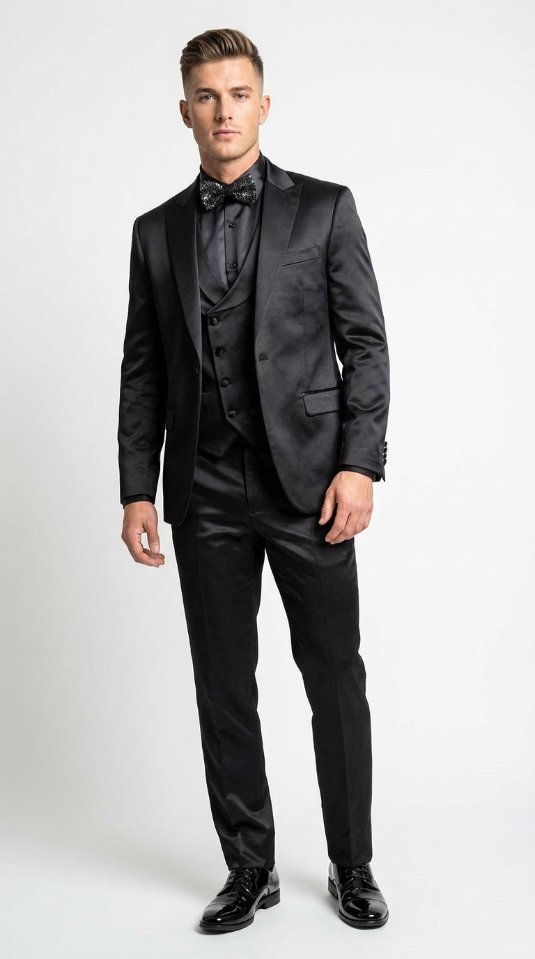 Men’s All Shiny Black Satin Suit – Black Satin Tuxedo Suit for Prom, Wedding, Formal Party and Evening Events Double breasted Vest - 34 Short or Extra Small
