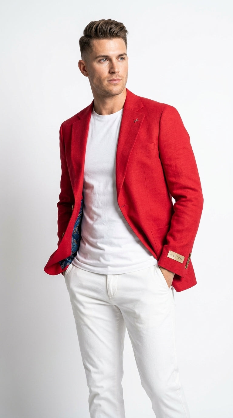 Men’s Red Linen Blazer – Two-Button Wedding, Business and Smart Casual Sport Coat - 36 Short