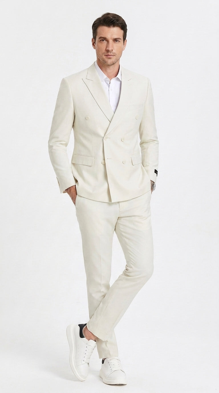 Men’s Ivory Cream Double-Breasted Linen Suit – Off-White Summer Wedding Slim Fitted 2-Piece Suit Cream Color - 34 Short or Extra Small