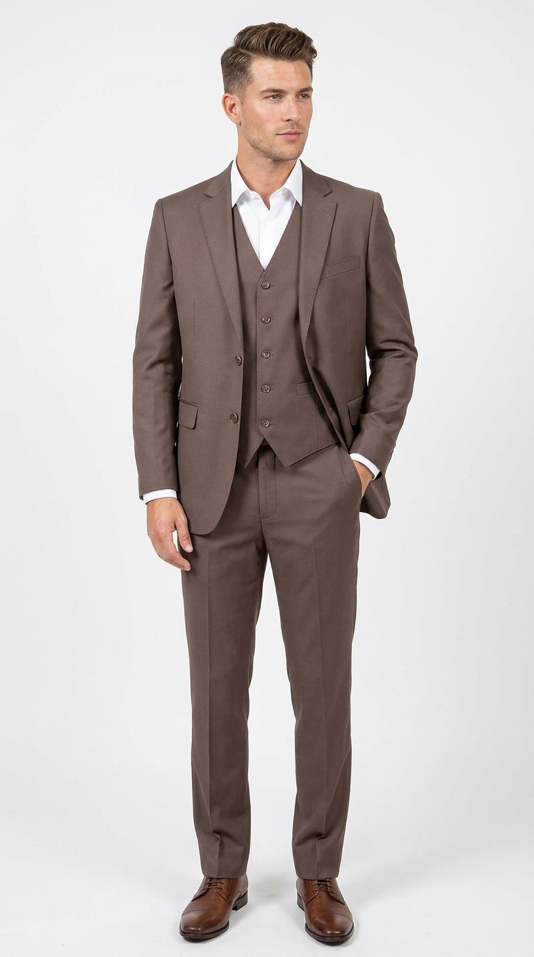 Men’s Zagarie Brand Light Brown Mocha 3-Piece Wool Suit – Modern Wedding, Business and Formal Suit with Pick Stitching - 34 Short or Extra Small