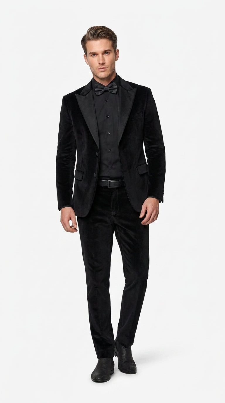 Men’s Black Velvet Tuxedo Suit – Peak Lapel Wedding, Prom and Formal Evening Velvet Pants - 34 Short or Extra Small