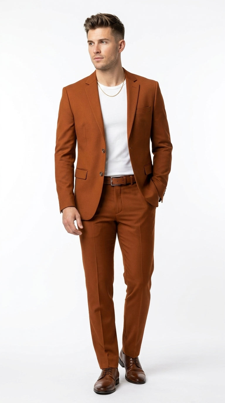 Men’s Burnt Orange Modern Fit Suit – Slim Fit Wedding, Prom and Formal 2-Piece Suit Copper Brick Color - 34 Short or Extra Small
