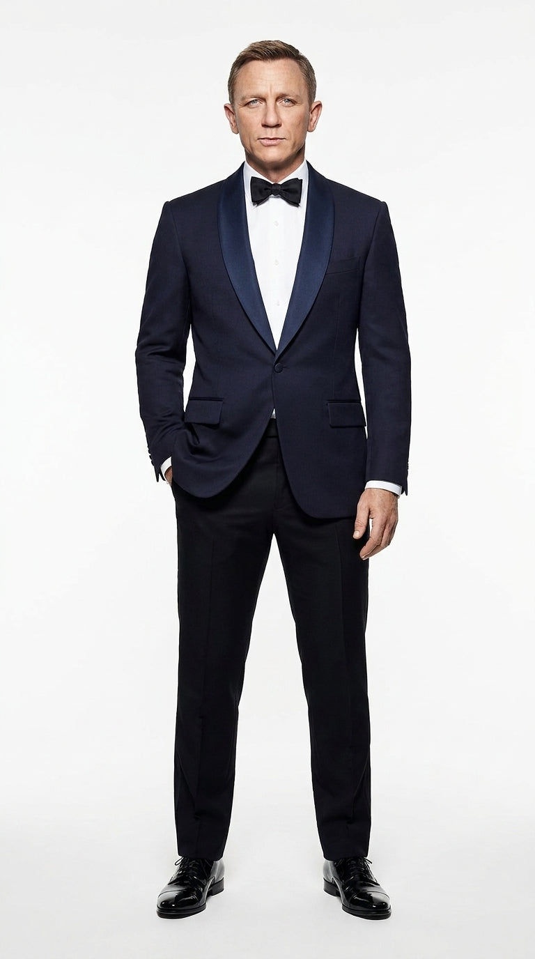 Men’s Navy James Bond Tuxedo Dinner Jacket – Satin Shawl Lapel Wedding, Prom and Black-Tie Blazer - 34 Short or Extra Small