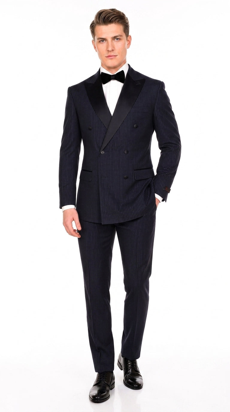 Men’s Navy Blue Double-Breasted Tuxedo – Tone-on-Tone Shadow Pinstripe Formal Wedding and Prom Suit - 34 Short or Extra Small