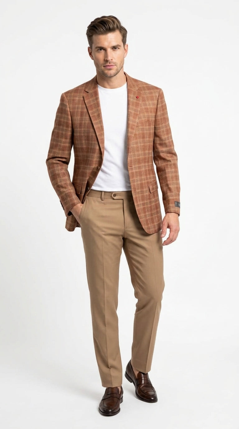 Vitali Men’s Rust Copper Brown Plaid Blazer with Tan Pants – Classic Windowpane, Business and Smart-Casual Birck color  Suit - 36 Short