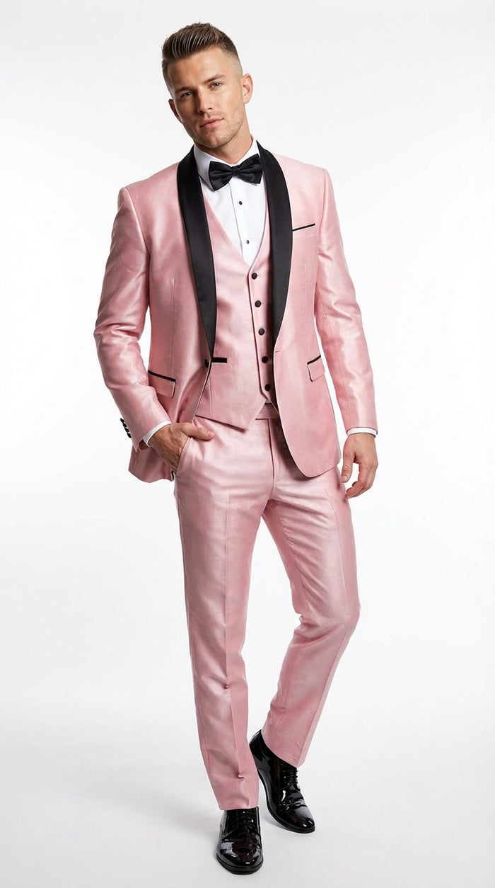 Mens Blush Pink Shiny 3 Piece Suit with Black Shawl Lapel | Light Pink Prom Suit Sharkskin Fabric - Ultra Slim Fit