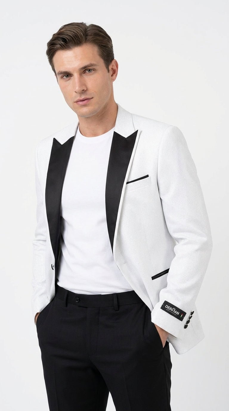 Men's White Sparkle Dinner Jacket – Black Satin Shawl Lapel Tuxedo Blazer   Slim Fit Sequin Shiny Prom Jacket - 34 Short or Extra Small