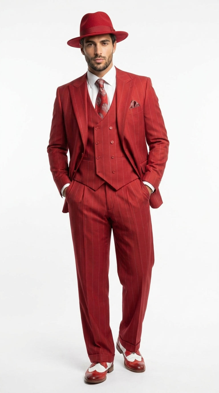 Men’s Red & White Pinstripe 3-Piece Suit by Mazari – Peak Lapel Classic Fit Gangster Suit with Pleated Pants - 34 Short or Extra Small