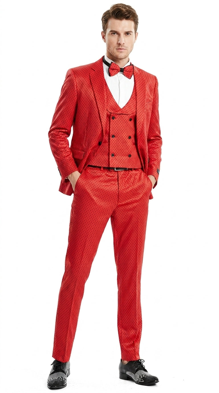 Tazio Men’s Cherry Red and Black  Polka-Dot 3-Piece Suit – Skinny Fit Prom, Wedding and Party Suit or Tuxedo - 34 Short or Extra Small