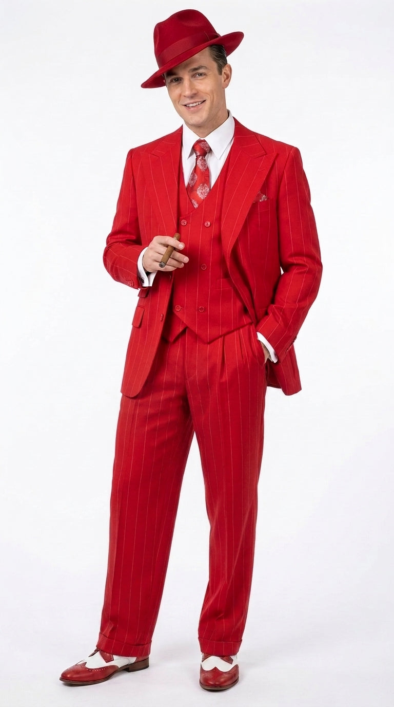 1920s Christmas Holiday Gangster Men’s Red Pinstripe 3-Piece Suit – Peak Lapel Classic Fit Pleated Pants - 34 Short or Extra Small