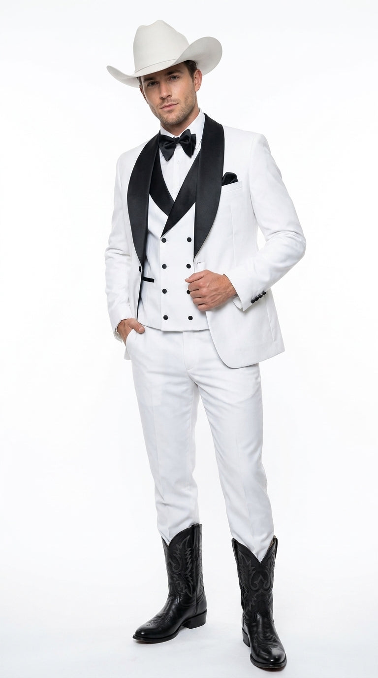 Men’s White and Black Western Wedding Tuxedo – Cowboy Style 3-Piece Traje para Boda with Double-Breasted Vest - 34 Short or Extra Small