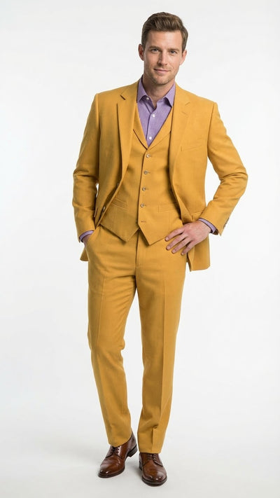 Mens Mustard Yellow Three Piece Suit | 2 Button Notch Lapel Modern Fit in Gold Color - Church Suit