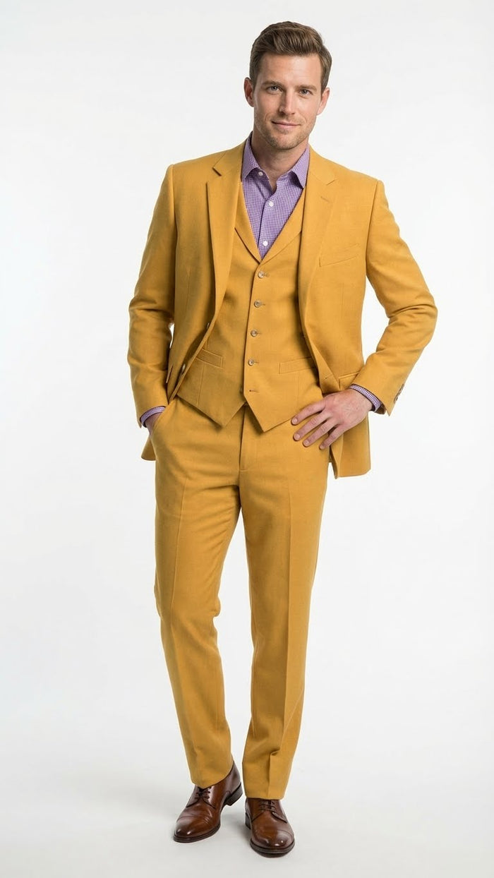 Mens Mustard Yellow Three Piece Suit | 2 Button Notch Lapel Modern Fit in Gold Color - Church Suit