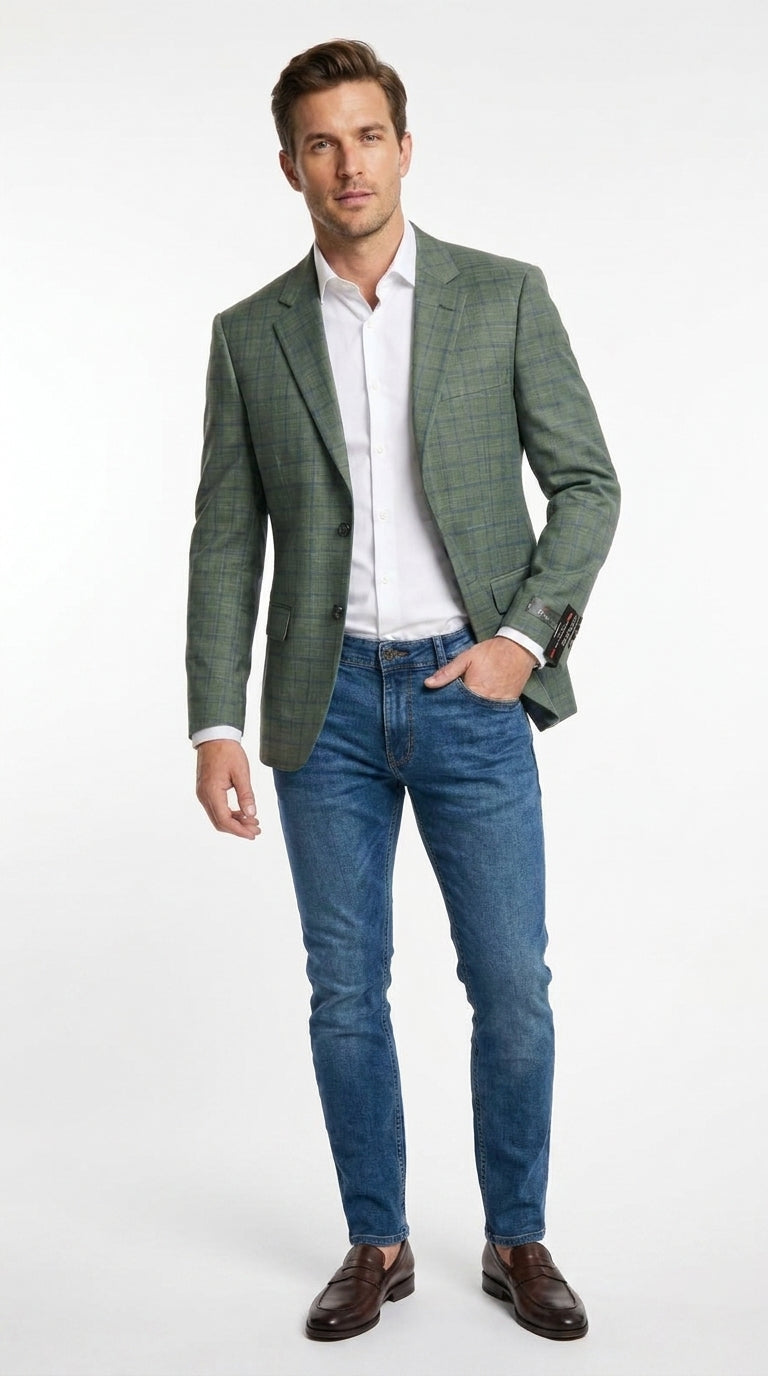 Men’s Sage Green Windowpane 2-Piece Suit – Modern Fit Plaid Wedding, Business and Formal Suit - 36 Short