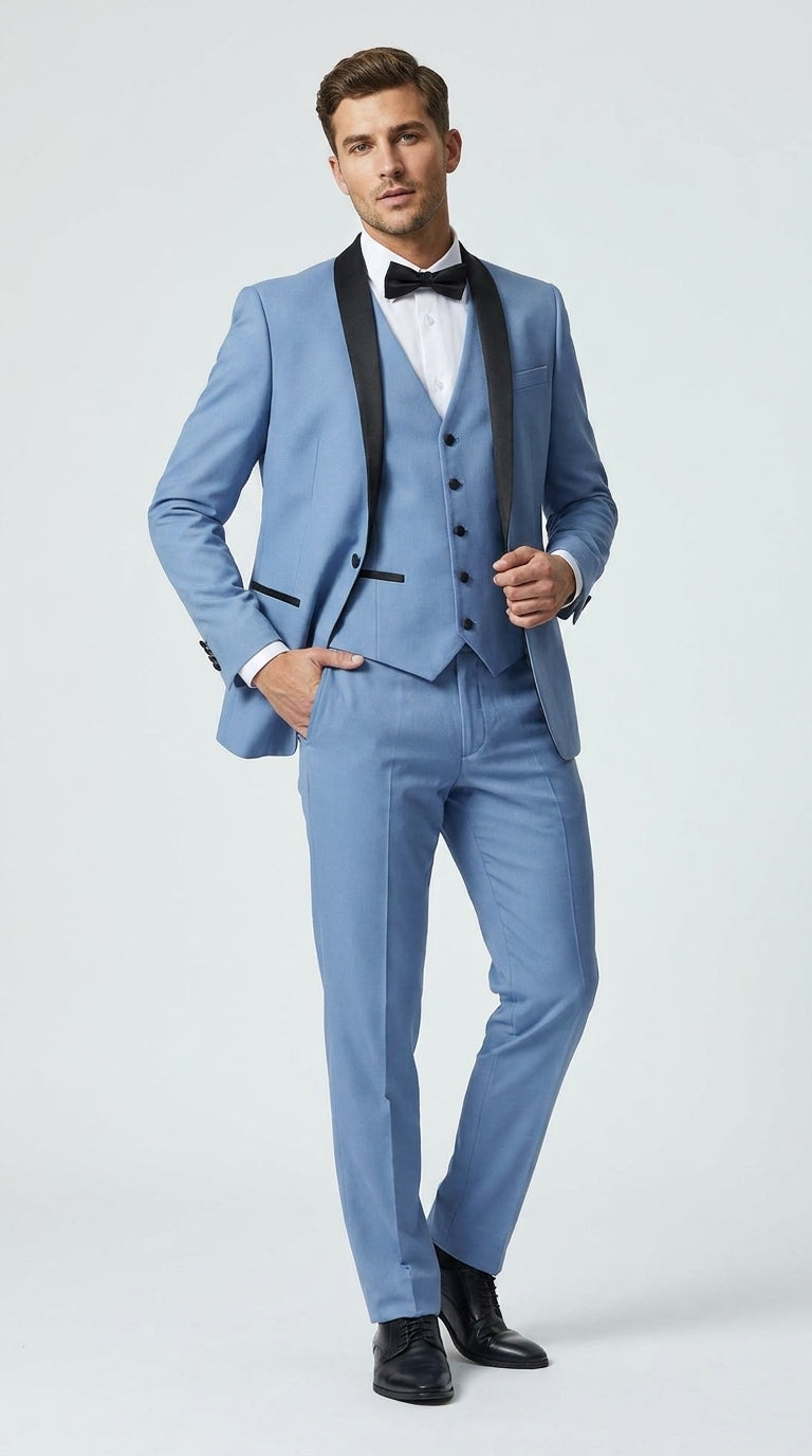 Men’s Powder Blue 3 Piece Tuxedo Suit – Light Blue Shawl Lapel Wedding Prom Suit with Vest - 34 Short or Extra Small