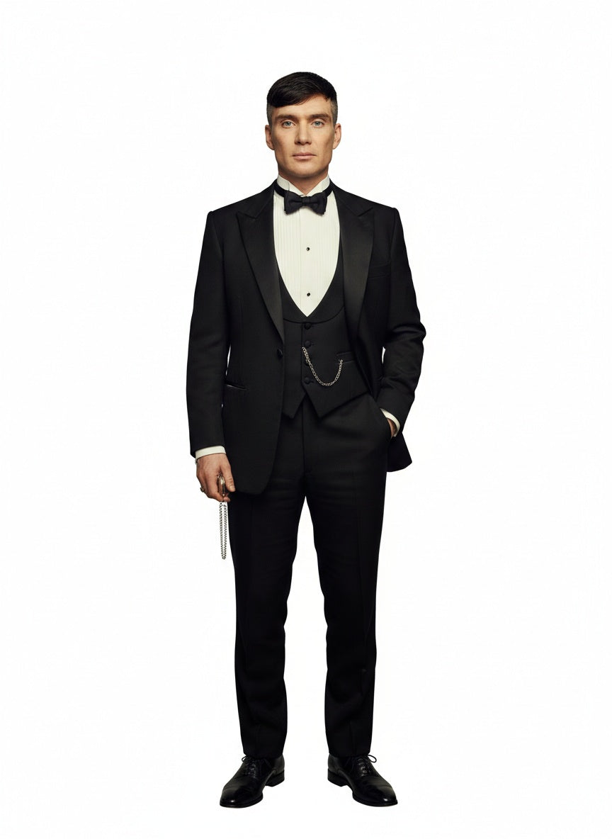 Mens Black Peaky Blinders Style Three-Piece Tuxedo Suit Classic Formal Suit with Blazer and Waistcoat Peak Lapel 1920s Style - 34 Short or Extra Small