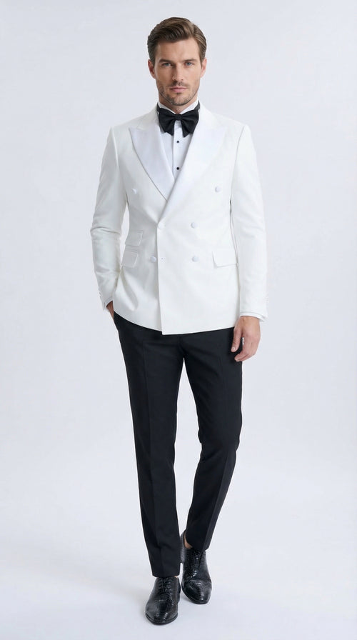 Mens White Double Breasted Dinner Jacket Blazer with Black Pants Formal Tuxedo Style Outfit for Weddings