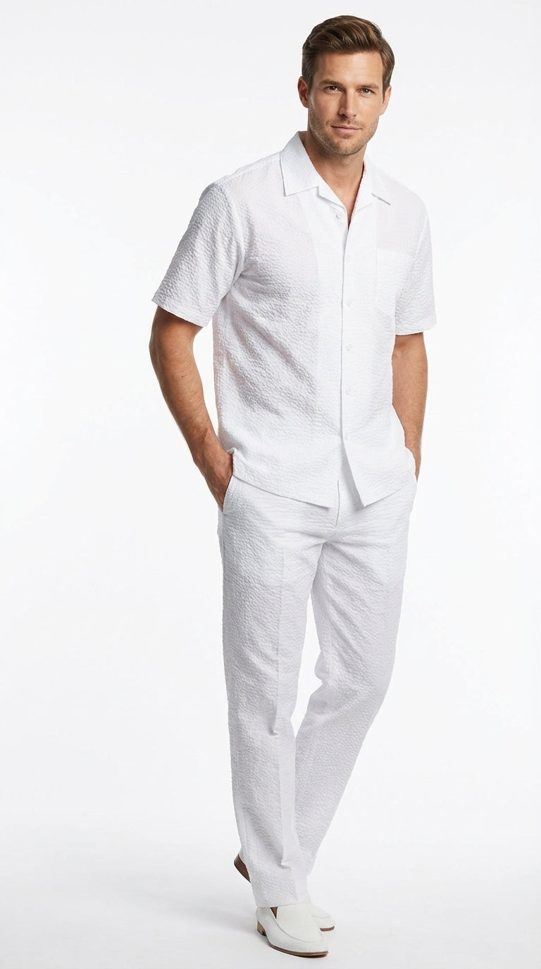 Mens White Seersucker Walking Suit Set – Casual Summer Short Sleeve Outfit with Matching Pants Lightweight Two Piece Set - S