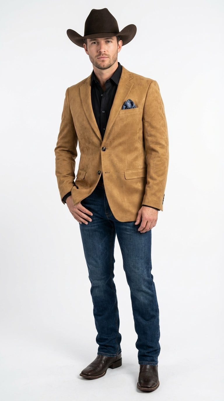 Men’s Camel Suede Cowboy Blazer with Elbow Patch – Camel Western Style Suede Sport Coat for Casual - 36 Short