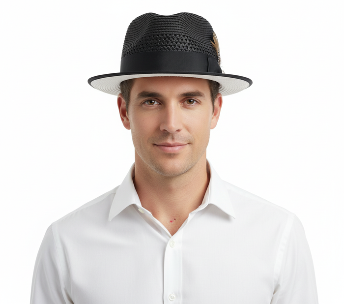 Mens Two-Tone Black and White Fedora Hat with Feather Accent Stylish Summer Dress Hat