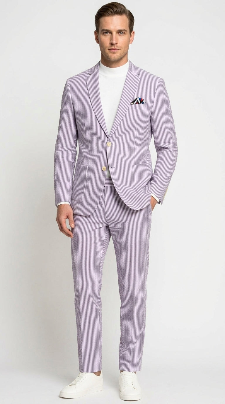 Men’s Lavender Seersucker 2 Piece Suit, Lightweight Summer Blazer and Pants Set for Weddings, Parties, Prom, and summer fabric - 34 Short or Extra Small