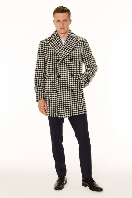 Mens Houndstooth Double-Breasted Overcoats Classic Black and White Wool Blend Peacoat Wool Fabric