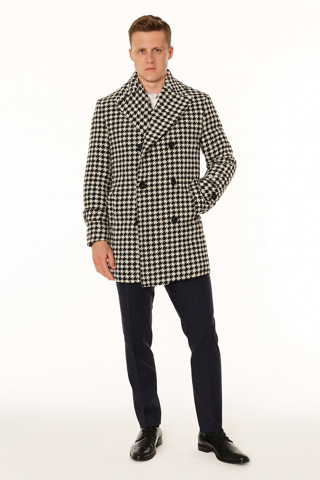 Mens Houndstooth Double-Breasted Overcoats Classic Black and White Wool Blend Peacoat Wool Fabric