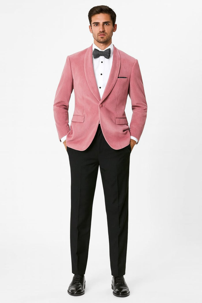 Mens Pink Velvet Tuxedo Dinner Jacket with Shawl Lapel Slim Fit Blazer for Weddings, Prom in Rose Gold Color