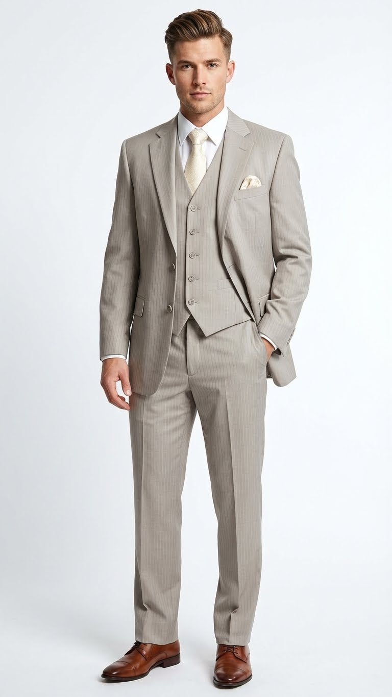 Men’s Light Tan Pinstripe 3 Piece Suit with Jacket, Vest, and Pants | Shadow Stripe Tone Tone Pleated Pants Classic - 34 Short or Extra Small