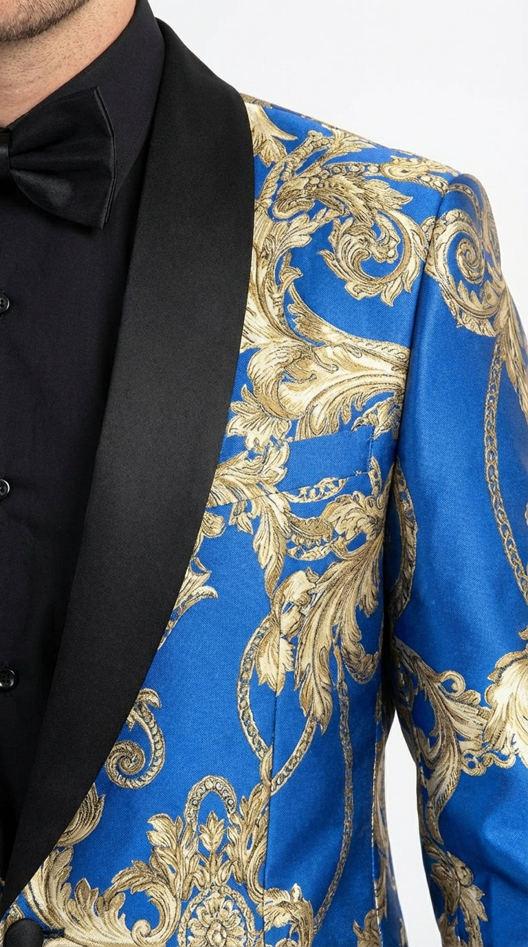 Men’s Royal Blue and Gold Blazer Jacket – Luxury Floral Pattern Tuxedo Blazer, Formal Party Wedding Dinner Jacket, Stylish Evening Wear - 36 Short