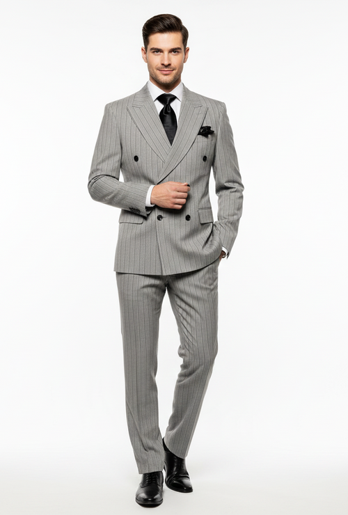 Mens Grey and Black Pinstripe Double-Breasted Suit 1920s Gangster Vintage Looking suit By Rossiman