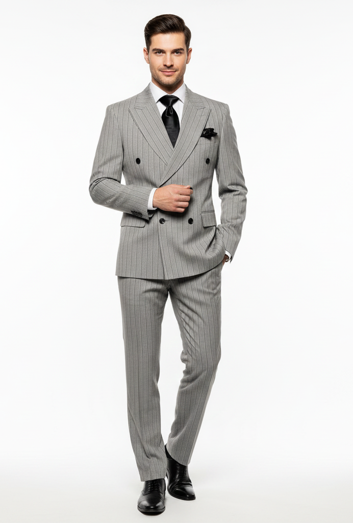 Men’s Grey and Black Pinstripe Double-Breasted Suit – 1920s Gangster Vintage Looking suit By Rossiman - 34 Short or Extra Small
