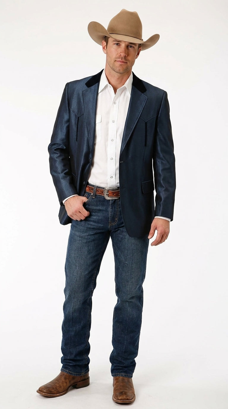 Men’s Sapphire Indigo Western Cowboy Blazer – Classic Western Style Jacket, Country Casual Dress Blazer in Navy Blue with sheen - 36 Short