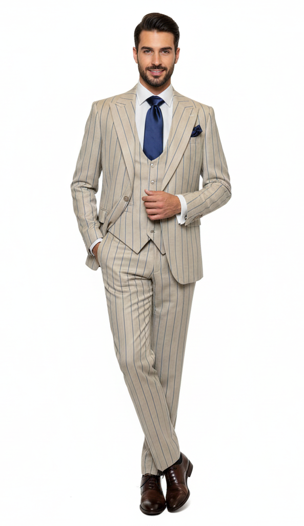 Men's Beige with blue Pinstripe Three-Piece Suit with Vest by Rossiman Vested Peak Lapel in Tan Stripe 1920s style - 34 Short or Extra Small