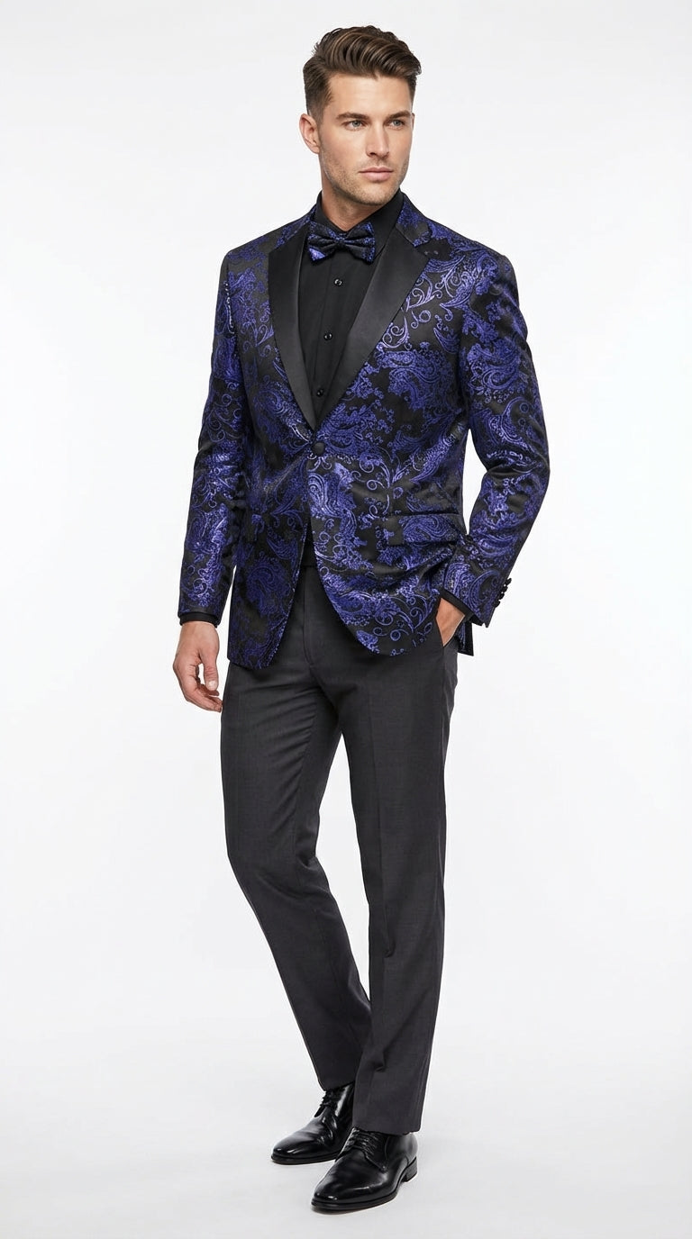 Mens Royal Blue Paisley Jacquard Blazer – Luxury Pattern Tuxedo Dinner Jacket with Black Satin Lapel for Wedding, Prom With Bowtie - 36 Short