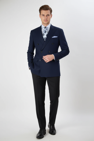 Mens Navy Blue Double-Breasted Blazer - Suit Jacket Premium Tailored Fit Formal Wedding and Business Sport Coat