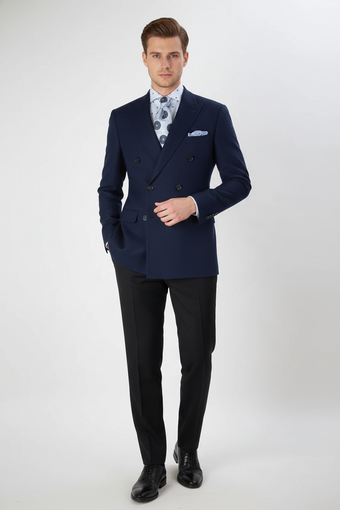 Mens Navy Blue Double-Breasted Blazer - Suit Jacket Premium Tailored Fit Formal Wedding and Business Sport Coat