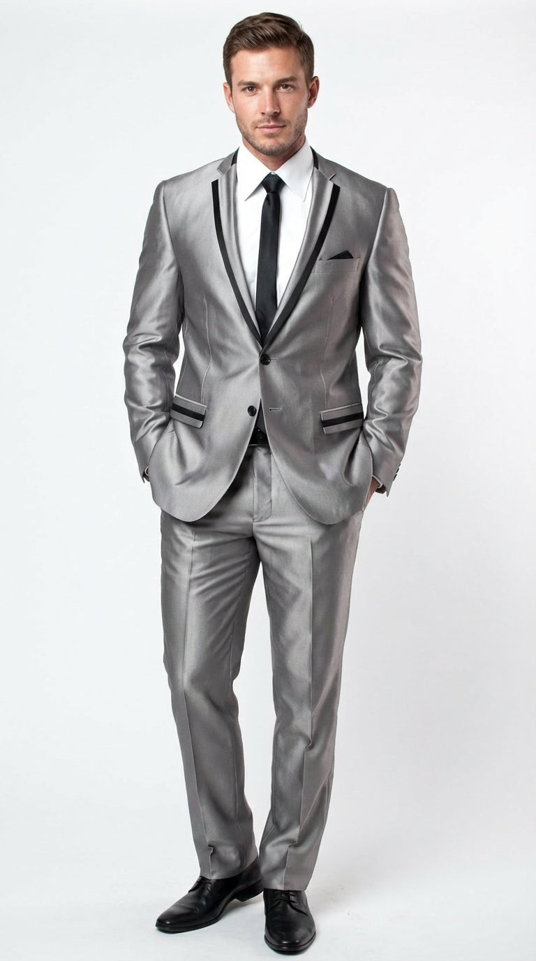 Men’s Silver Sharkskin Tuxedo Suit with Black Piping – Shiny Two Button Formal Suit for Wedding, Prom and Party Wear - 34 Short or Extra Small