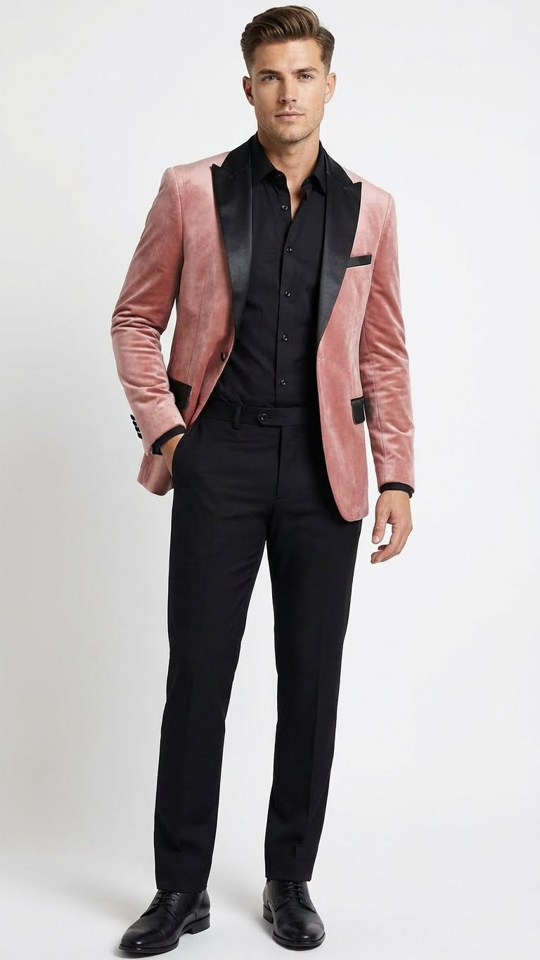 Men’s Dusty Rose Pink Velvet Blazer with Black Satin Lapel | Formal Sport Coat in Mauve Color + Bowtie - S