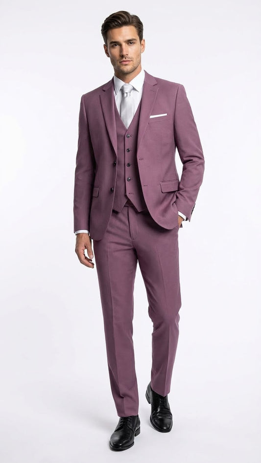 Mens Mauve Three-Piece Suit - Slim Fit Formal Blazer, Vest, and Trousers for Weddings Rose Gold Pinkish Color