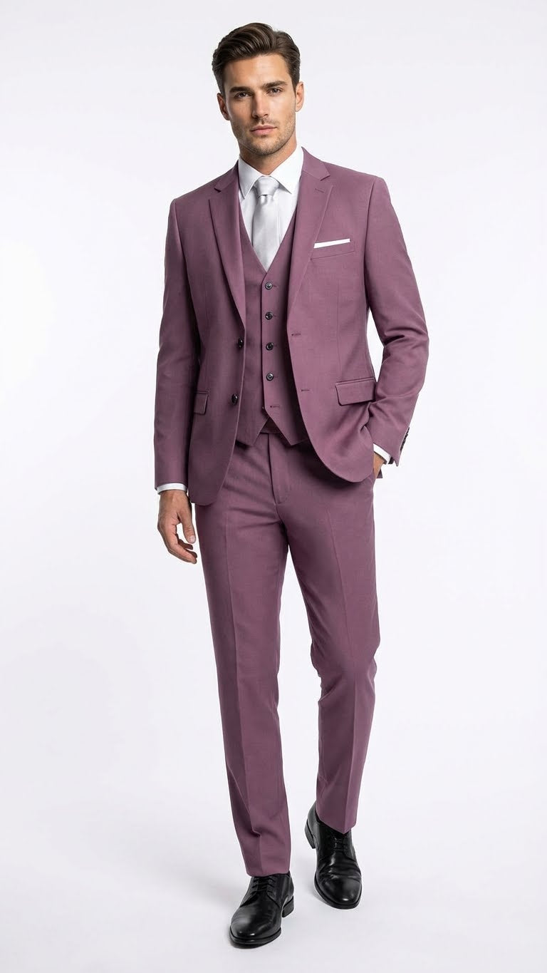 Men’s Mauve Three-Piece Suit – Slim Fit Formal Blazer, Vest, and Trousers for Weddings Rose Gold Pinkish Color - 34 Short or Extra Small