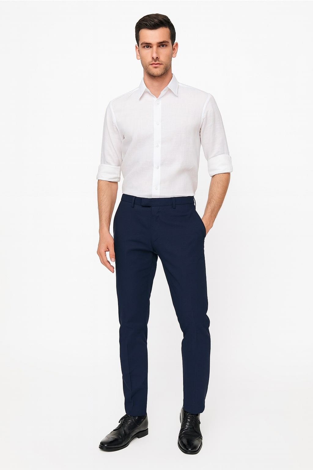 Men’s White Linen Button Down Shirt – Long Sleeve Roll-Up Casual Dress Shirt - 15.5"Neck-34-35" Sleeve