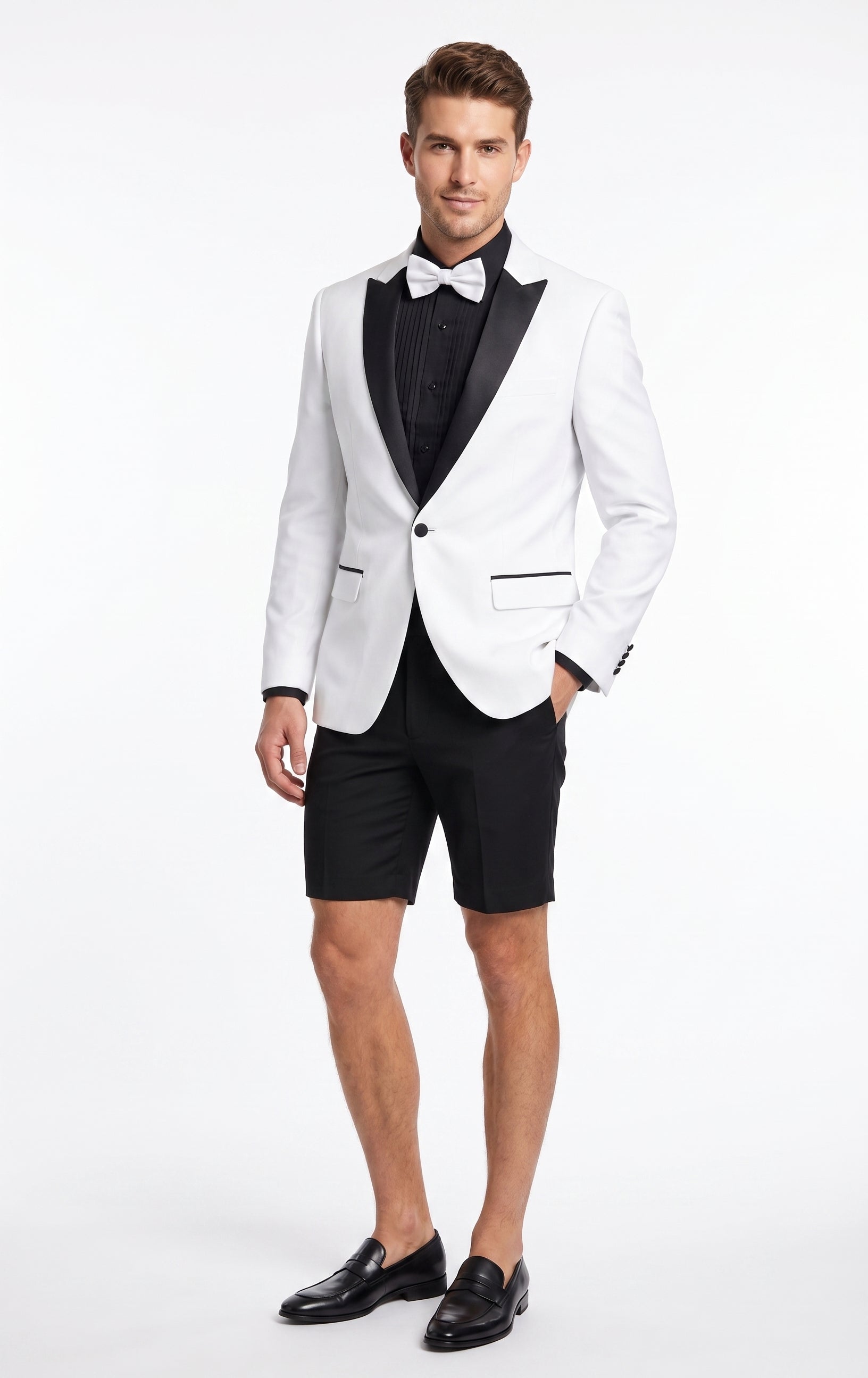 Men’s White and Black Tuxedo Suit with Shorts – Modern Formal Blazer and Short Pants Set for Wedding, Prom Suit - 34 Short or Extra Small
