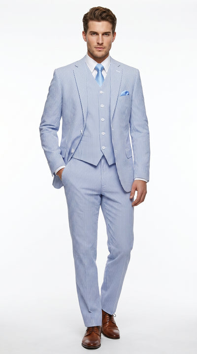 Cheap priced Suit - Mens 2 Button Jacket + Pants Summer Seersucker Blue Suit